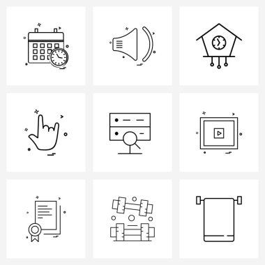 Mobil UI Çizgisi Simgesi 9 Modern Pictogram arama, internet, saat, yo biçimi, eller Vektör İllüstrasyonu