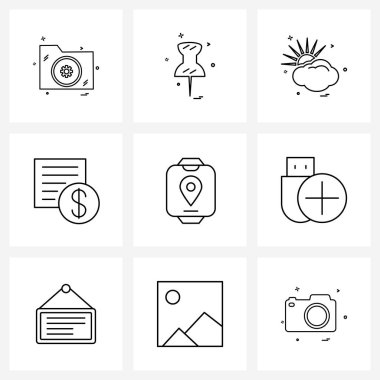 9 Evrensel Satır Simgesi Simgesi Piksel Konum, liste, güneş, alışveriş, Vektör İllüzyonu