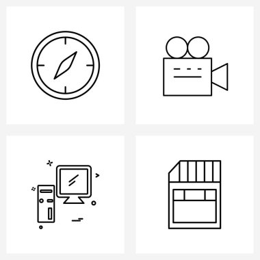 4 Evrensel Satır Simgesi Simgesi Pusula, Monitör, Harita, Film, Veri Vektörü Resimlerinin Mükemmel Sembolleri