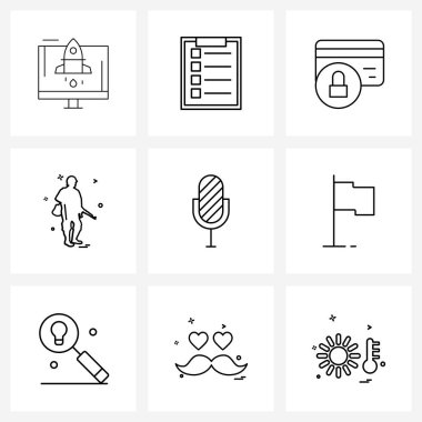 İzole Semboller: Mikrofon, asker, kart, silah, ordu temsilciliği gibi 9 basit satır simgesi