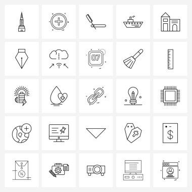 Web ve Mobil ev, bina, hijyen, seyahat, gemi taşıyıcı illüstrasyonu için 25 Evrensel Satır Simgesi