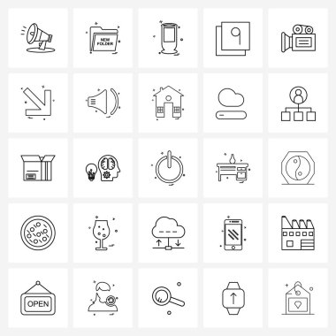 Sinema, dokuz, cam, sayfa, galeri Vektör İllüstrasyonu üzerine modern sembollerin 25 Arayüz Satırı Simgesi