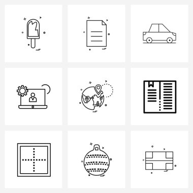 9 satır Pictograph Grid tabanlı modern biçim seti konum, harita, otomobil, dizüstü bilgisayar, profil vektörü illüstrasyonu