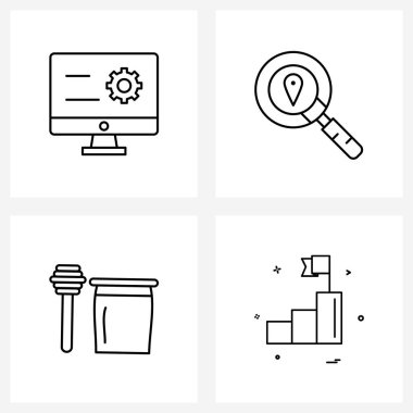 4 Modern Satır Simgesi: Monitör, yemek, konum, bal, Vektör İllüstrasyonunu kazan