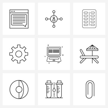 Bilgisayar, motor, kapsül, ayar ve haplardan oluşan 9 Basit Satır Simgesi