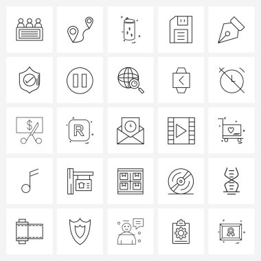 Çekim, disket, harita, disket, disk vektörü illüstrasyonundan oluşan 25 Evrensel Satır Simgesi kümesi