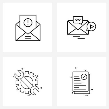 UI 4 Temel Satır Simgesi E- posta Virüsü, İşgücü, Posta Uyarısı, SMS, İngiliz Vector Illustration