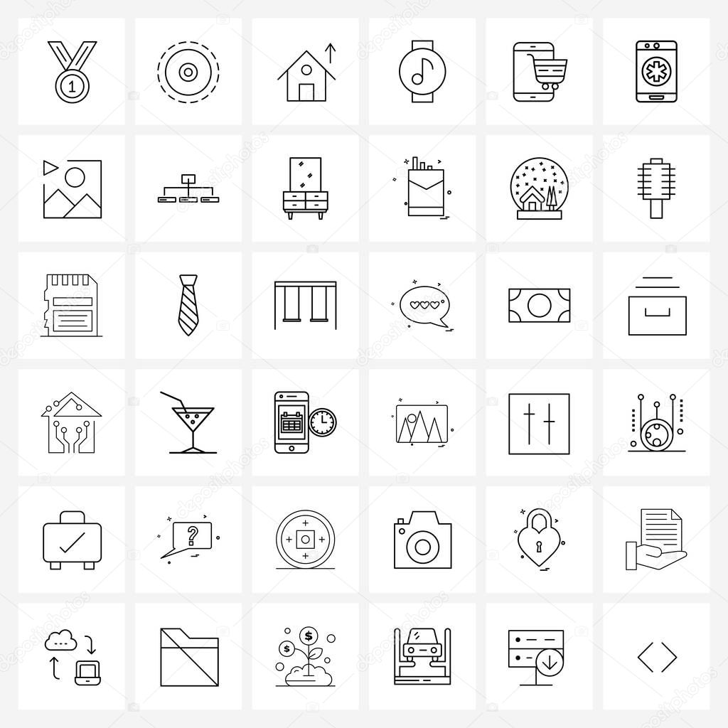 Pack of 36 Universal Line Icons for Web Applications shopping, mobile, home, music, smart watch Vector Illustration