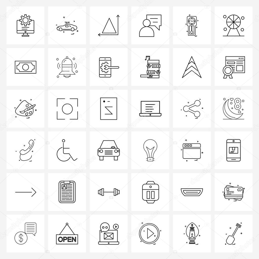 Universal Symbols of 36 Modern Line Icons of watch, clock, mathematics, chat, user Vector Illustration