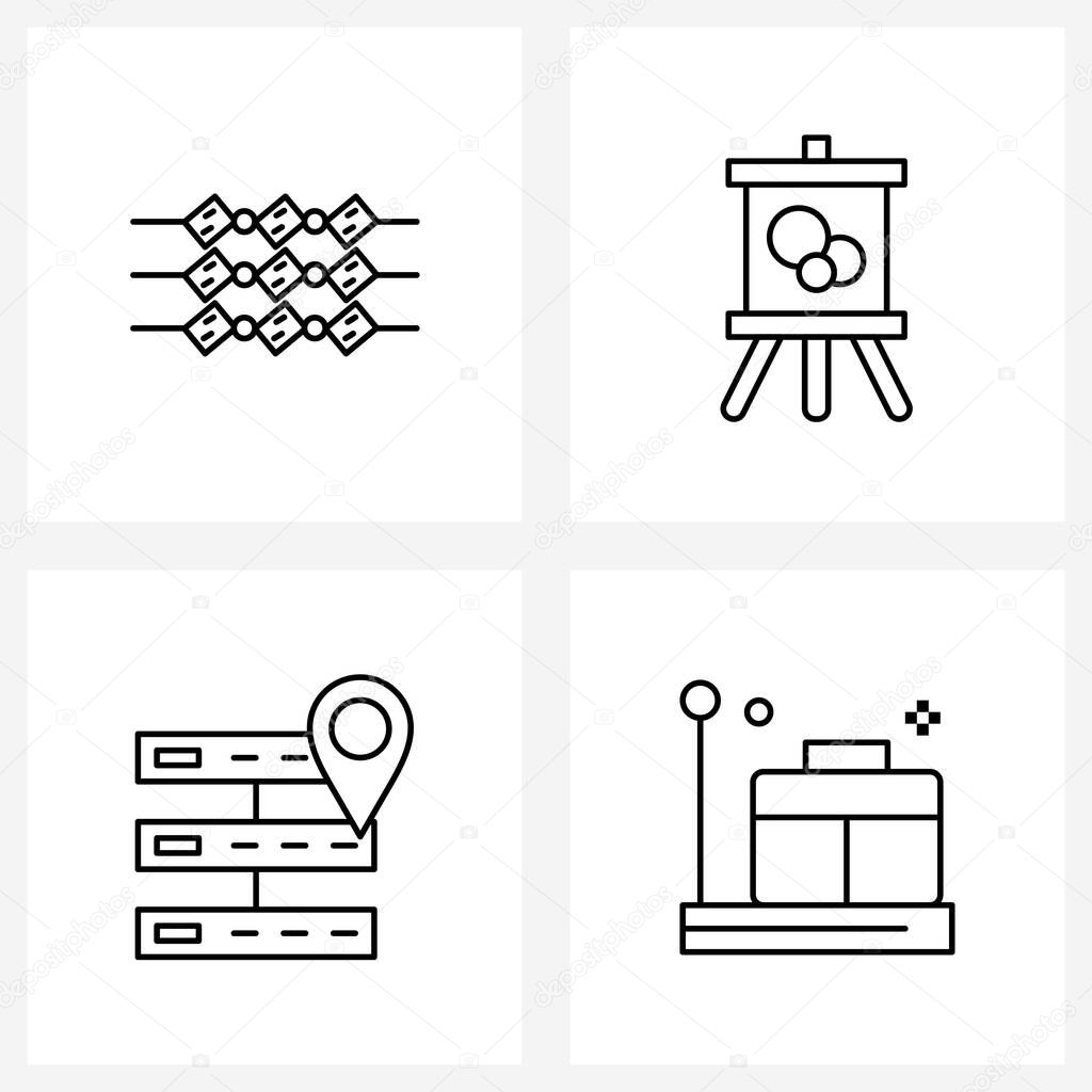 Modern Style Set of 4 line Pictograph Grid based bar b q, internet, activities, painting, map pointer Vector Illustration