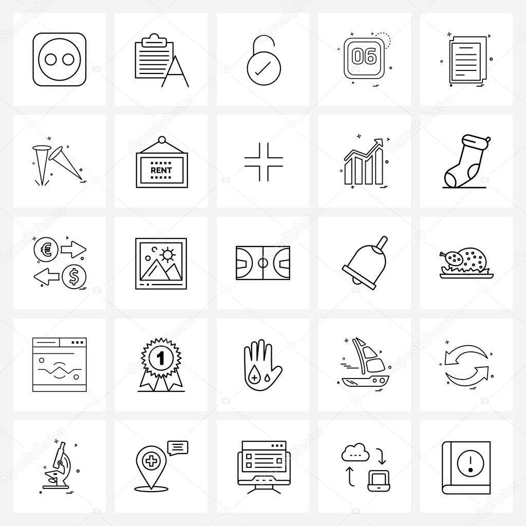 Set of 25 Simple Line Icons for Web and Print such as event, calendar, text, date, tick Vector Illustration