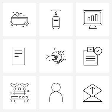 Web Uygulamaları için 9 Evrensel Satır Simgesi Paketi: Sağlık, CT taraması, izleme, etkileşim, temel Vektör İllüstrasyonu