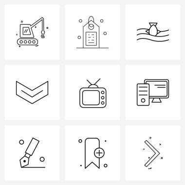 Web ve Yazdırma için 9 Basit Satır Simgesi kümesi: Haber, TV, balık, sıradaki, ok vektörü illüstrasyonu