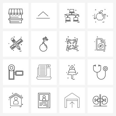 16 Basit Satır Simgesi kümesi kalem, elma, gönderme, meyve, elma vektörü illüstrasyonu