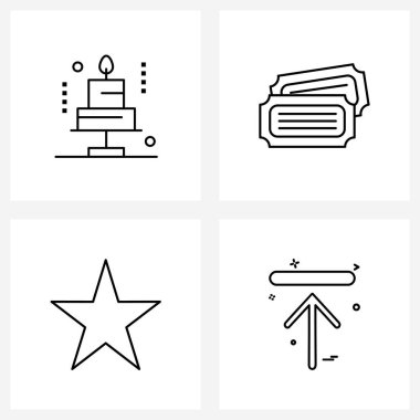 4 Arayüz Satırı Kekin üzerindeki modern semboller kümesi, bizi puanlayın, düğün pastası, bilet fişi, ok vektörü illüstrasyonu