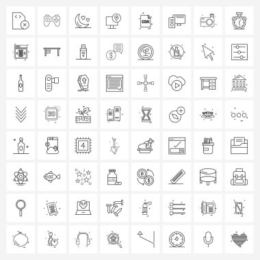 İzole Semboller: 64 Basit Satır Simgesi: Monitör, Bilgisayar, Hata, Romantik, Aşk Vektörü İllüstrasyonu