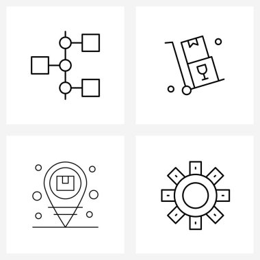 Web Uygulamaları için 4 Evrensel Satır Simgesi Paketi Akış şeması, konum, adımlar, el arabası, yer Vektör Resimleri