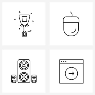 4 satırlık Pictograph Grid tabanlı spor, hoparlör, kupa, meyve, medya vektörü illüstrasyonundan oluşan modern biçim kümesi