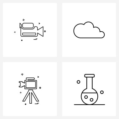 İzole edilmiş Semboller Kamera, sunucu, fotoğraf, veritabanı, kamera vektörü illüstrasyonundan oluşan 4 Basit Satır Simgesi Kümesi