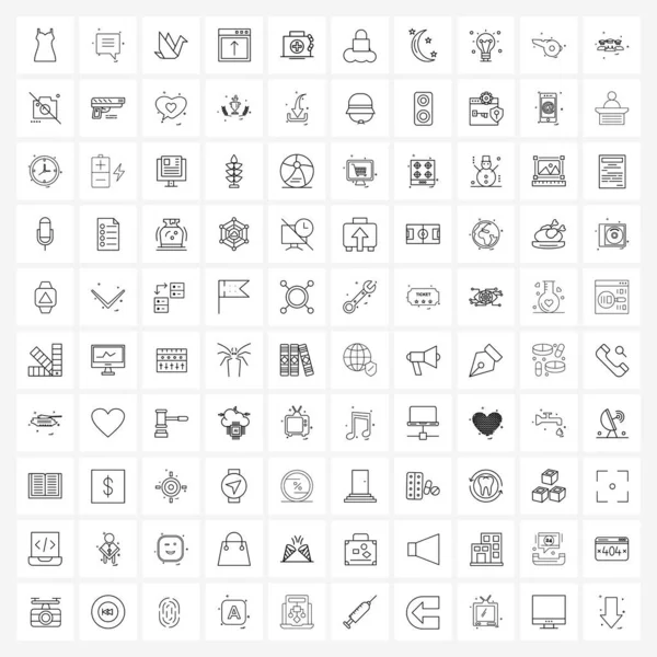 Izolované Symboly Sada 100 Jednoduchých Čar Ikony Zámku Tašky Zvířete — Stockový vektor