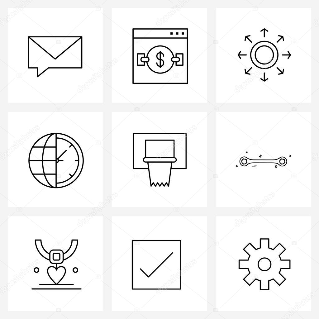 Mobile UI Line Icon Set of 9 Modern Pictograms of game, time, transection, globe, rating Vector Illustration
