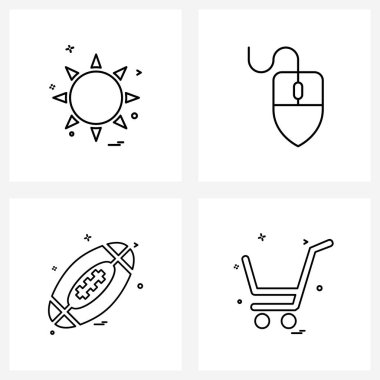 Güneş, oyunlar, sıcak, fare ve nakliye vektörü illüstrasyonundan oluşan 4 Evrensel Satır Simgesi kümesi