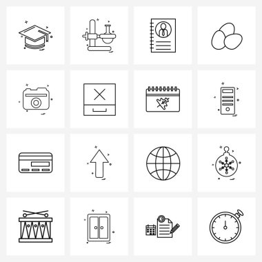 Web ve Mobil fotoğraf için 16 Evrensel Satır Simgesi, kamera, günlük, kamera, yumurta vektörü illüstrasyonu