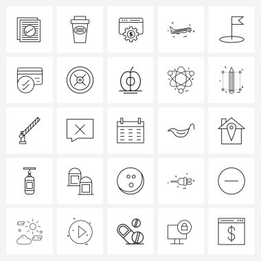 Delik, bayrak, küresel arama, uçak, seyahat vektörü illüstrasyonunun 25 Basit Satır Simgesi