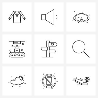 Konum, lojistik, deniz kenarı, teslimat, gözlük vektörü illüstrasyonu için 9 UI simgesi ve sembol kümesi