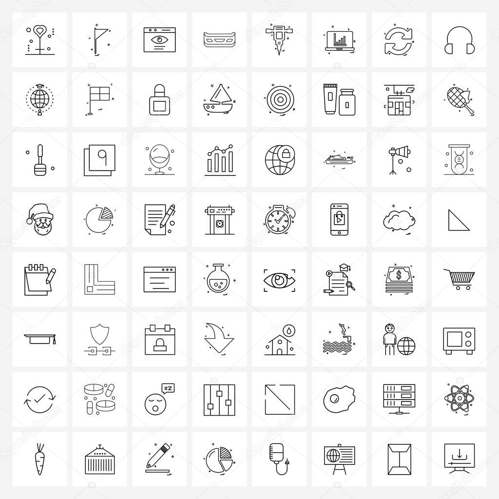 Set of 64 Simple Line Icons for Web and Print such as jackhammer, mechanic, sports, front, bumper Vector Illustration