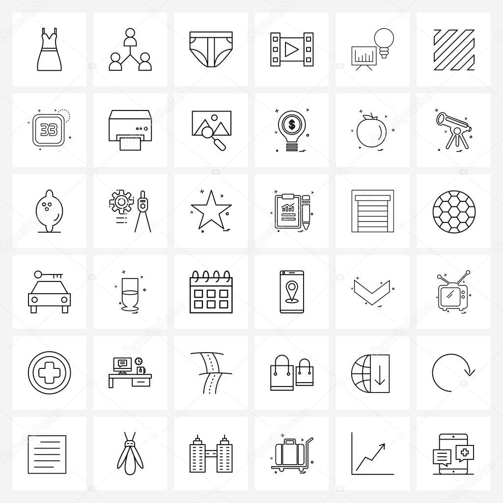 Isolated Symbols Set of 36 Simple Line Icons of intelligence, analytics, work, media, garments Vector Illustration