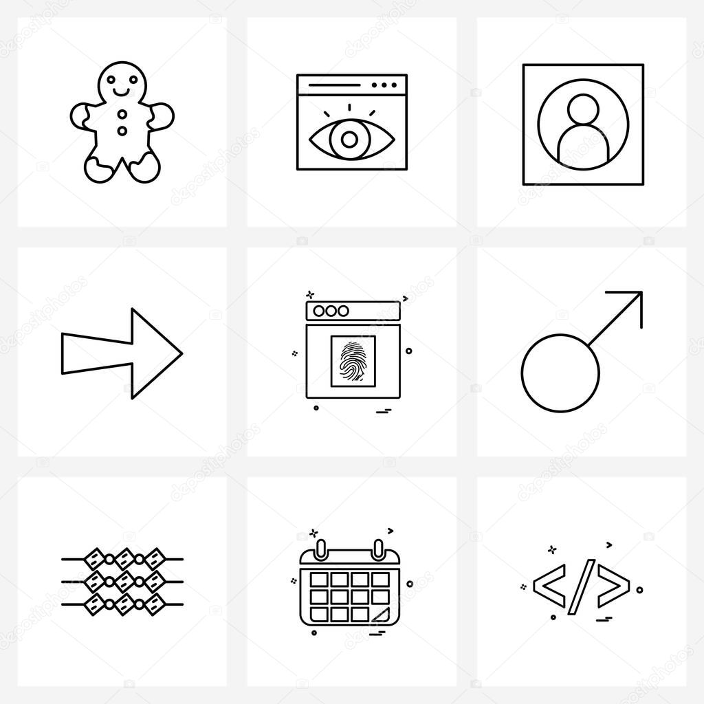 Line Icon Set of 9 Modern Symbols of male, websites, man, web layout, right Vector Illustration