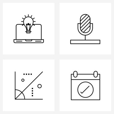 Dizüstü bilgisayar, tasarım, etkinlik, podcast, grafik vektörü illüstrasyonunun 4 Modern Satır Simgesinin Evrensel Sembolleri