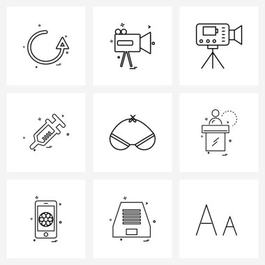 İç çamaşırı, şırınga, kayıt, tıp, fotoğraf vektörü illüstrasyonu gibi 9 Vektör Hattı Simgelerinden oluşan Piksel Mükemmel Set