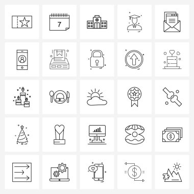 25 satır Pictograph Izgara tabanlı harf, posta, bina, profil, Avatar Vektör İllüstrasyonundan oluşan Modern Biçim Seti