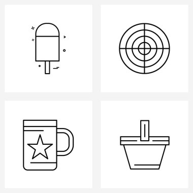 Web ve Yazdırma için 4 Basit Satır Simgesi kümesi: Dondurma, kahve, yemek, dart, sepet vektör çizimi