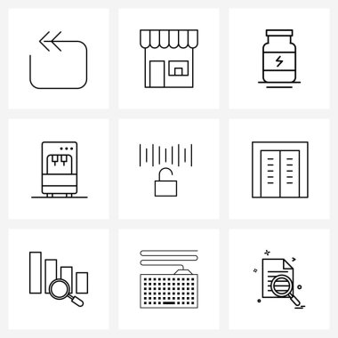 9 Evrensel Simge Pikseli Su, arıtıcı, dükkan, filtreleme, güç vektörü illüstrasyonunun kusursuz sembolleri