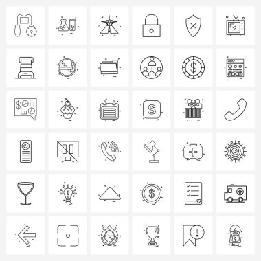 Web ve Mobil kaldırma için 36 Evrensel Satır Simgesi, güvenlik, beher, kilit, uçak Vektör Resimleri