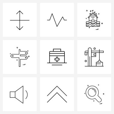 9 Modern Satır Simgesi Evrensel Sembolleri: Doktor, çanta, kulübe, medikal, Vektör İllüzyonu