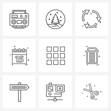 Mobil menü, menü, geri dönüşüm, ay, tarih vektörü illüstrasyonunun 9 Basit Satır Simgesinden oluşan izole Semboller