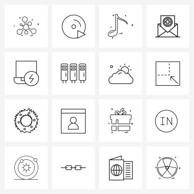 Elektrik, sohbet, müzik, hastane, ses vektörü illüstrasyonunun 16 Modern Satır Simgesi