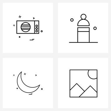 Web Uygulamaları için 4 Evrensel Satır Simgesi Paketi Mikrodalga, Ay, Mutfak, Seyahat, Resim Vektörü İllüstrasyonu