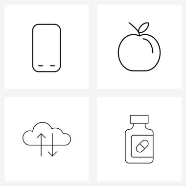 Cep telefonu, bulut, akıllı telefon, meyve gibi 4 Vektör Hattı Simgelerinin Piksel Mükemmel Kümesi