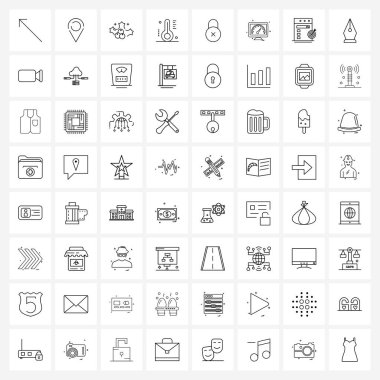 64 satırlık modern biçim kümesi Pictograph Izgara tabanlı haç, güvenli, meyve, kilit, kullanıcı vektörü illüstrasyonu