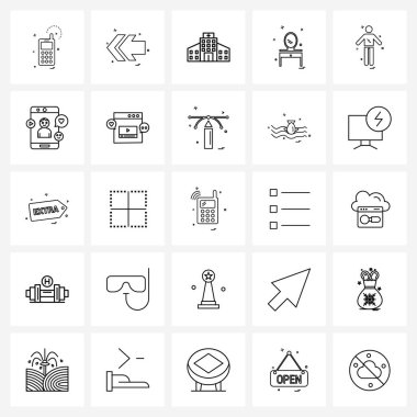 25 Evrensel Çizgi Oyun Simgesi Soyunma masası, sırt, ayna, Doktor Vektör İllüstrasyonu