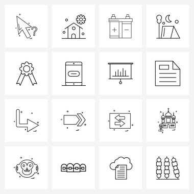 16 Satır Simgesi ve seyahat simgeleri, çadır, pil, yaz, kamp vektörü ilüstrasyonu