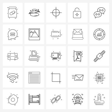 Pencere, sohbet, odak, balon, açık Vektör İllüstrasyonu gibi 25 Satır Simgelerinin Basit Kümesi