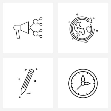 Pazarlama, kalem, dünya, seyahat, saat vektörü illüstrasyonunun 4 Basit Satır Simgesi