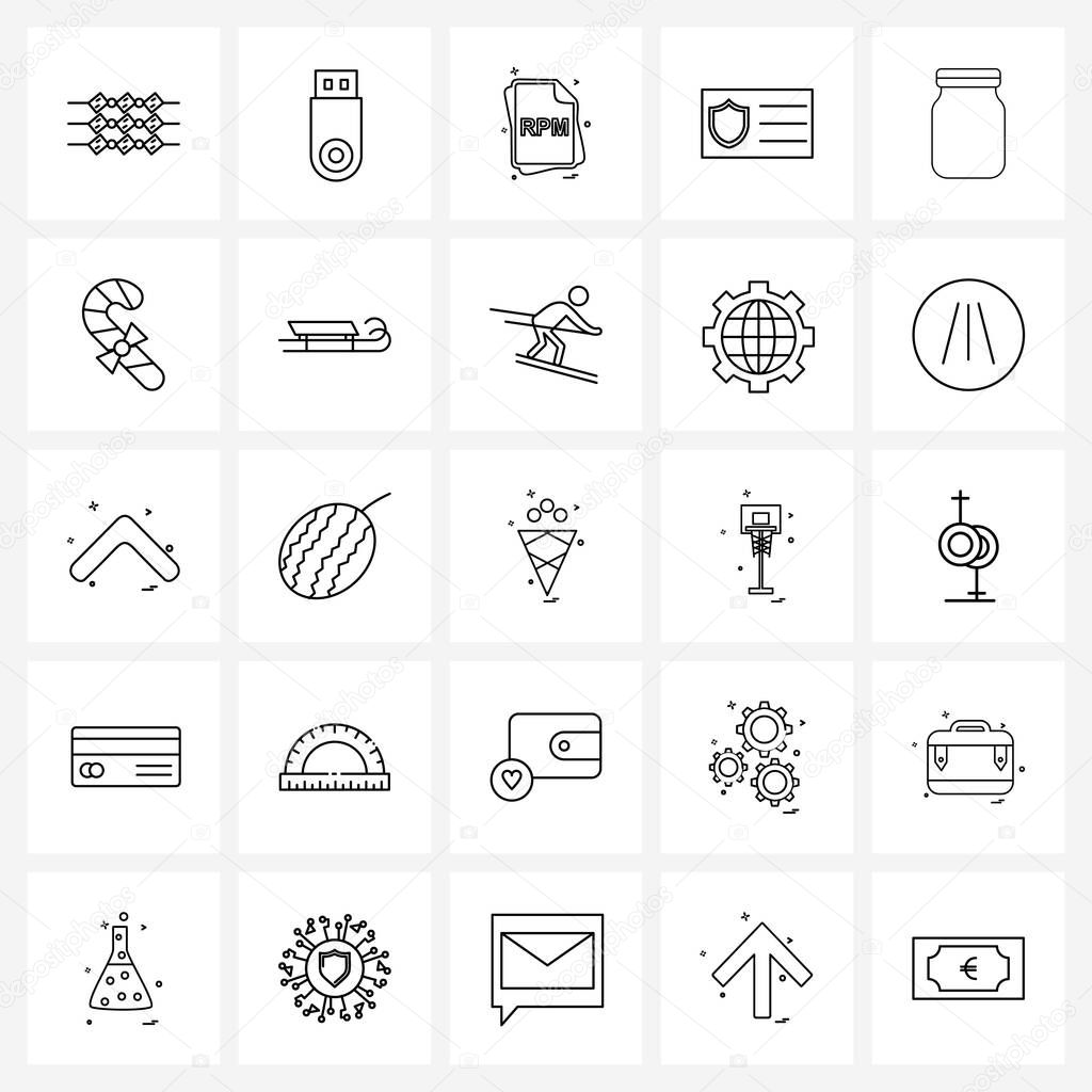 Mobile UI Line Icon Set of 25 Modern Pictograms of glass, canning, file type, bottle, card Vector Illustration