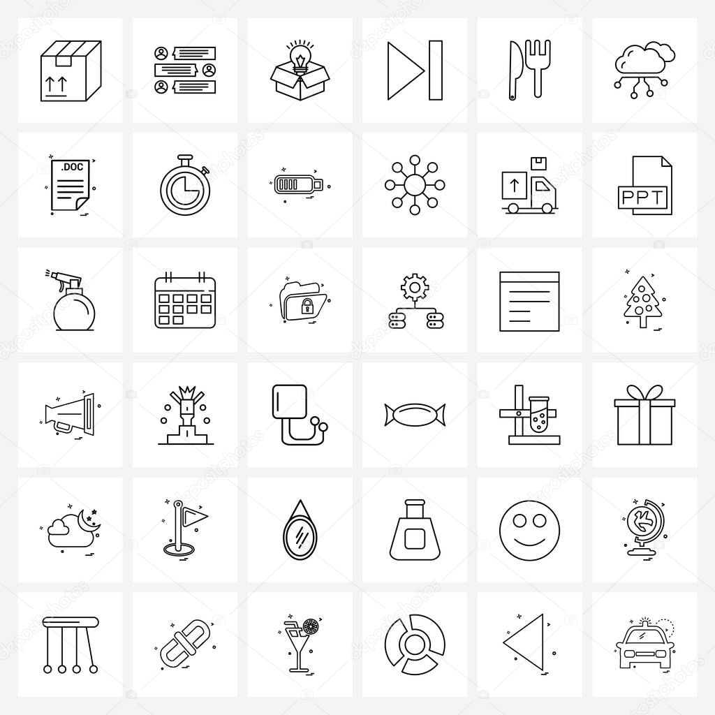 Set of 36 Simple Line Icons for Web and Print such as spoon, food, bulb, stop, play Vector Illustration